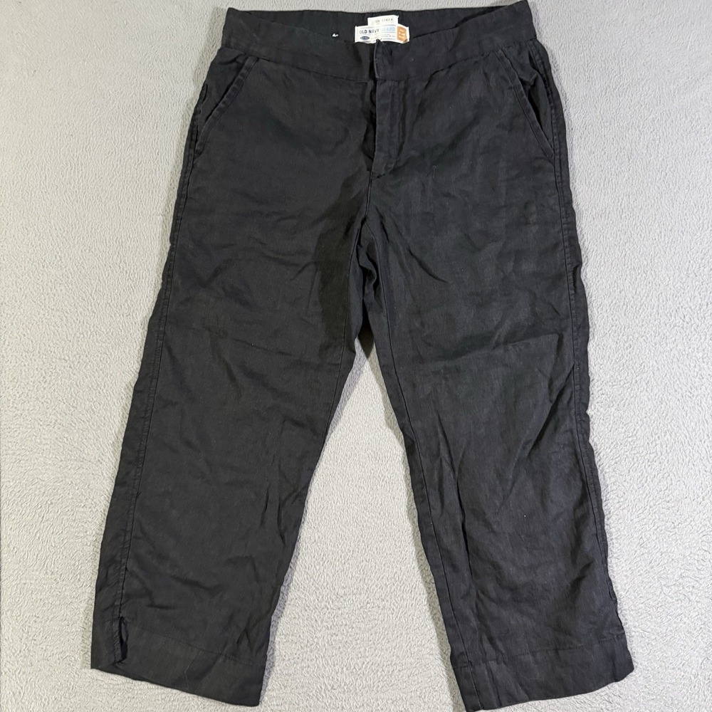 Old Navy‎ Black 100% Linen Straight Leg Cropped Pants Size 8 Beach Boho Summer